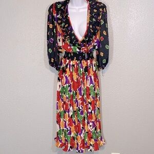 VTG 80s Indigo Lite Smocked Waist Floral Pleated Dress Multicolor Statement | OS